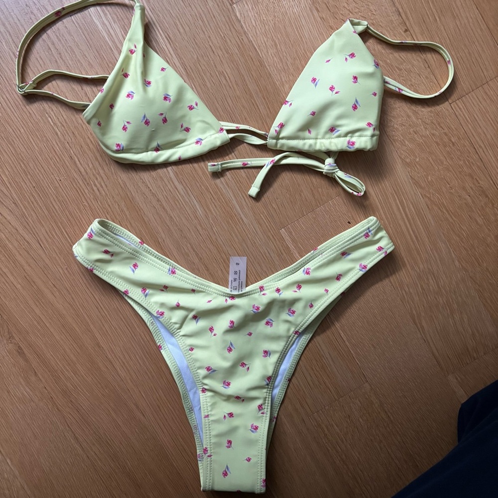 Shein pink and yellow floral triangle bikini